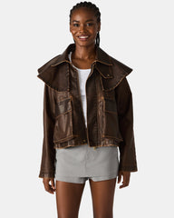 VARVARA Chocolate Long-Sleevd Faux Leather Women's Jacket | Steve Madden