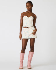 ROSELIA Peach Beige Floral Print Denim Strapless Corset Women's Top | Steve Madden