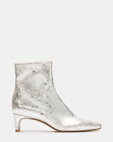 DELVIE Silver Leather Kitten Heel Ankle Boot | Women's Booties | Steve Madden