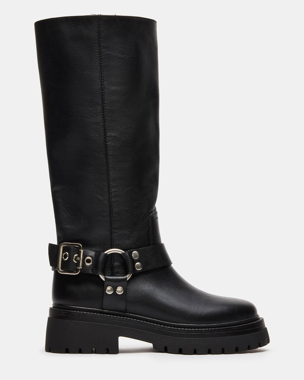EVEREST Black Leather Moto Lug Knee-High Women's Boot | Steve Madden
