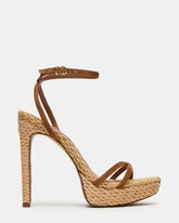 JUNI Chestnut Suede Raffia Criss Cross Stiletto Ankle Strap Women's Heel | Steve Madden