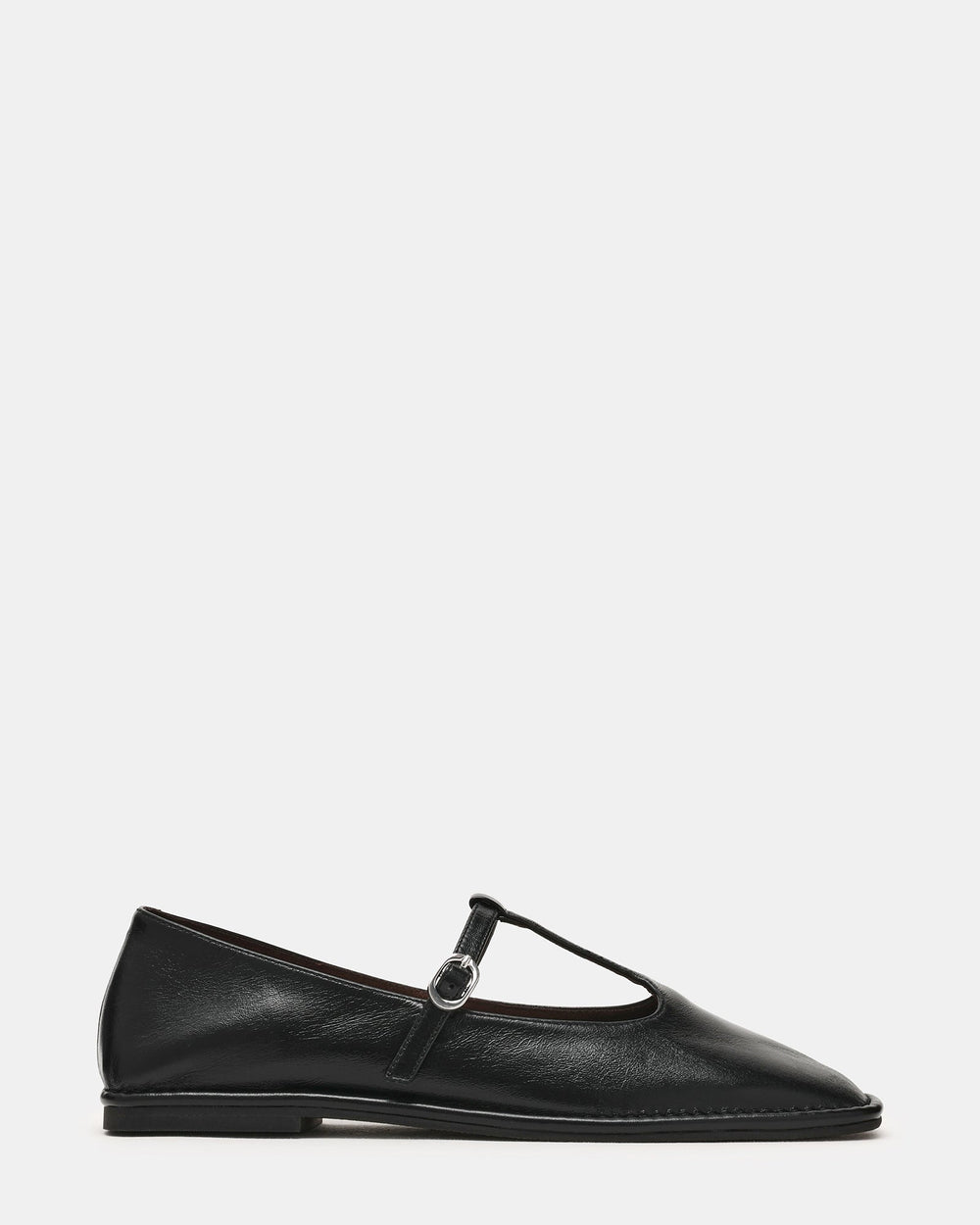 MACBETH Black Leather T-Strap Square-Toe Ballet Women's Flat | Steve Madden