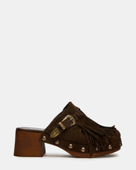OMEN Brown Suede Fringe Studs Western Mule Women's Heel | Steve Madden