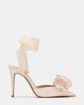 ROSIE Ivory Satin Flower Pointed-Toe Stiletto Leg-Ties Women's Heel | Steve Madden