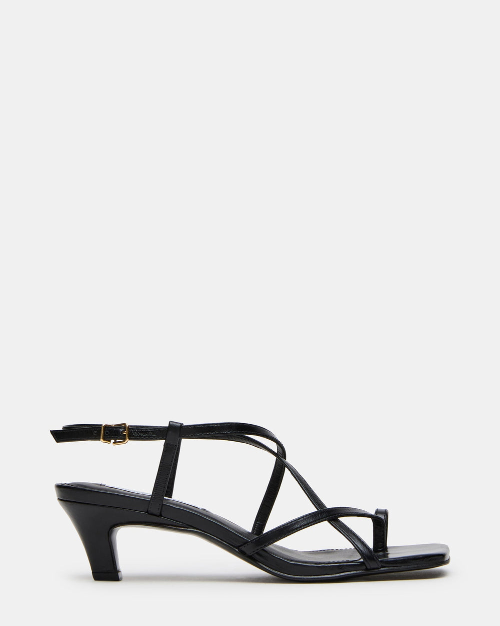 TRIANA Black Leather Strappy Square-Toe Thong Women's Kitten Heel | Steve Madden