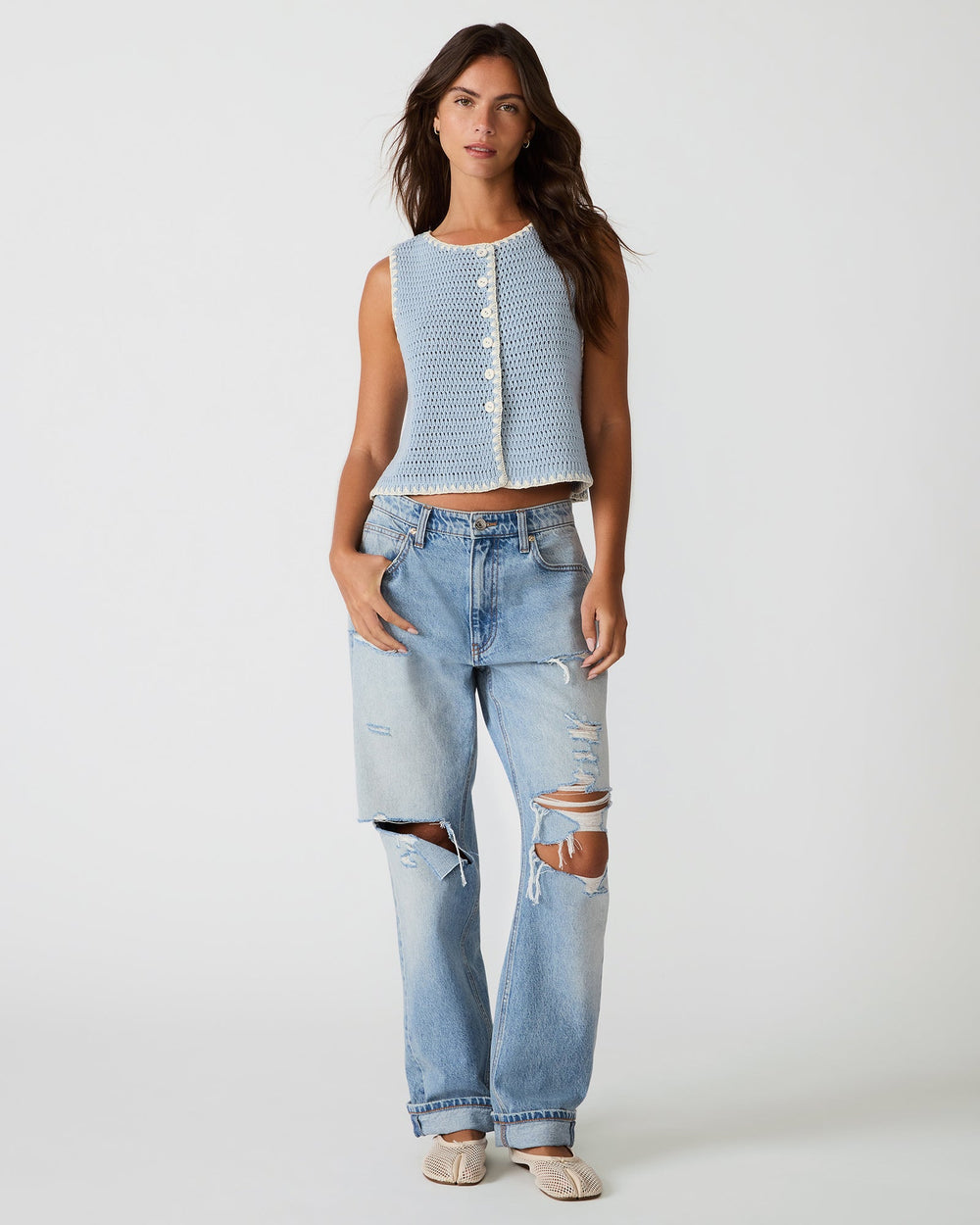 ANNYA Blue Ice Sweater Vest Button-Up Women's Top | Steve Madden