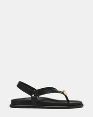 ELVIA Black Leather Thong Gold-Detail Slingback Footbed Women's Sandal | Steve Madden